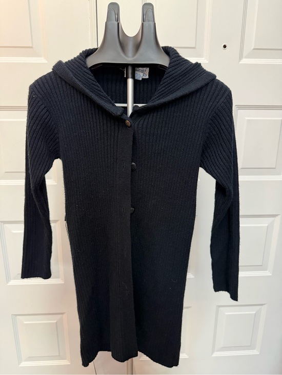 who’s that girl Sweaters - Classic Black Hooded Rib-Knit Cardigan Sweater missing belt and loop broken